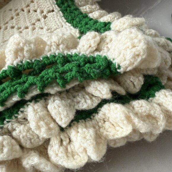 Vintage Crochet Blanket Throw Handmade Creamy White With Green Trim Immaculate - Picture 7 of 11